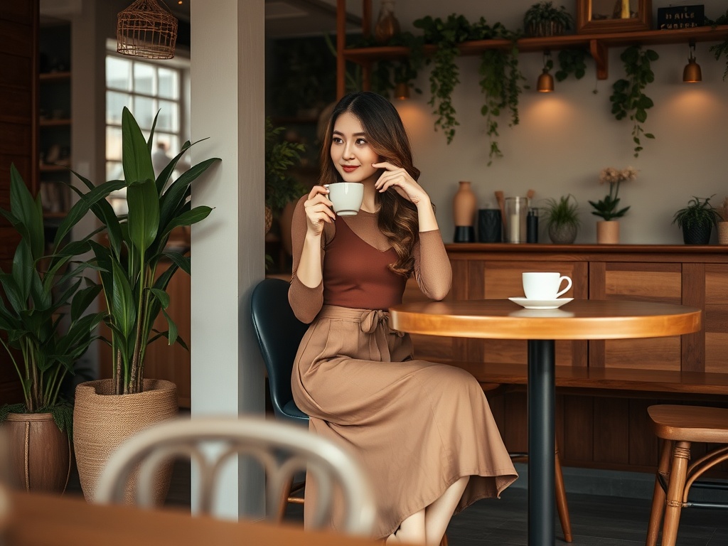 O tânără cu părul lung, îmbrăcată elegant, stă la o masă într-o cafenea, ținând o cană de cafea.