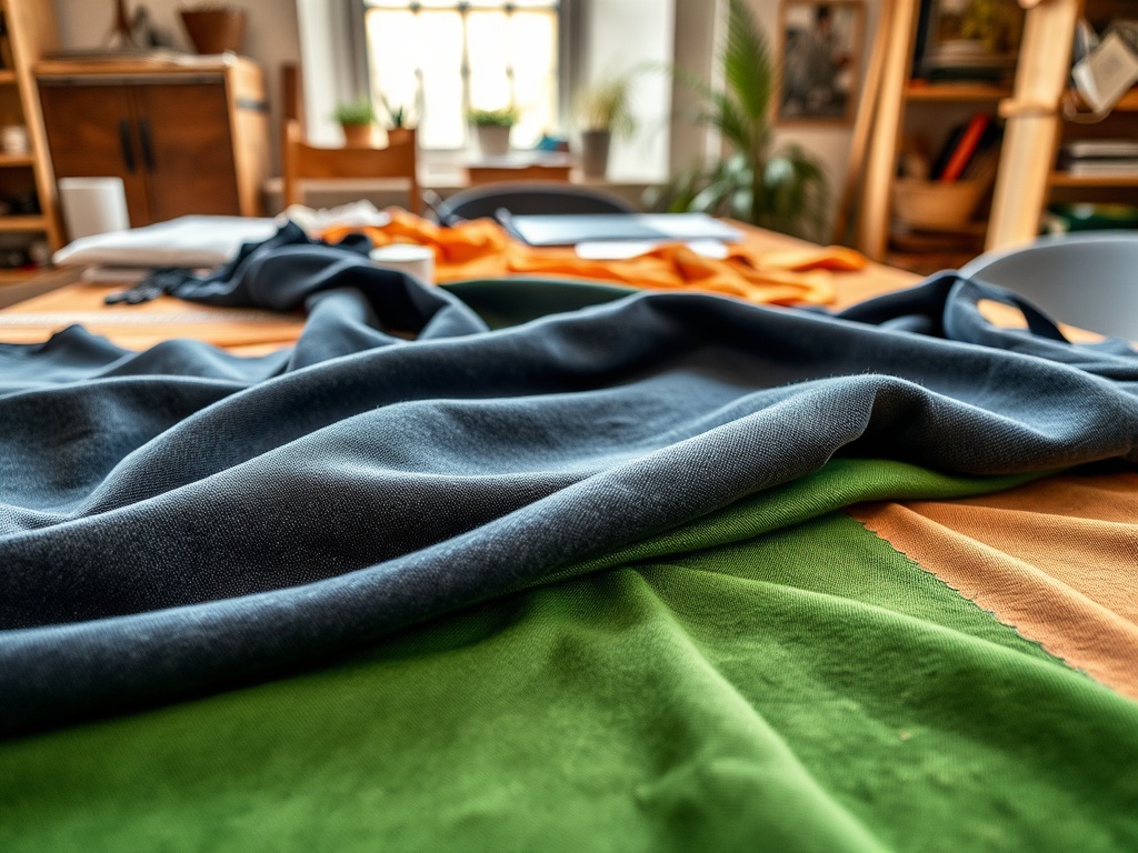 Materiale textile colorate se află pe o masă, creând un efect de draperie, cu plante în fundal.