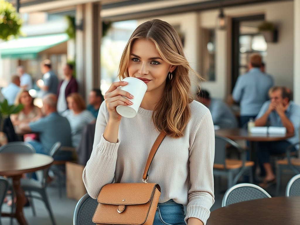 O tânără zâmbitoare stă la o masă, sorbind dintr-o cană de cafea, într-o cafenea plină de oameni.