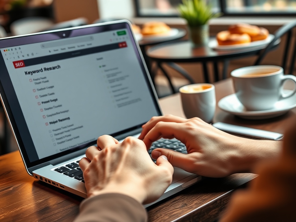O persoană lucrează la un laptop, făcând cercetări pentru cuvinte cheie într-o cafenea. Caféa și gogoși pe masă.